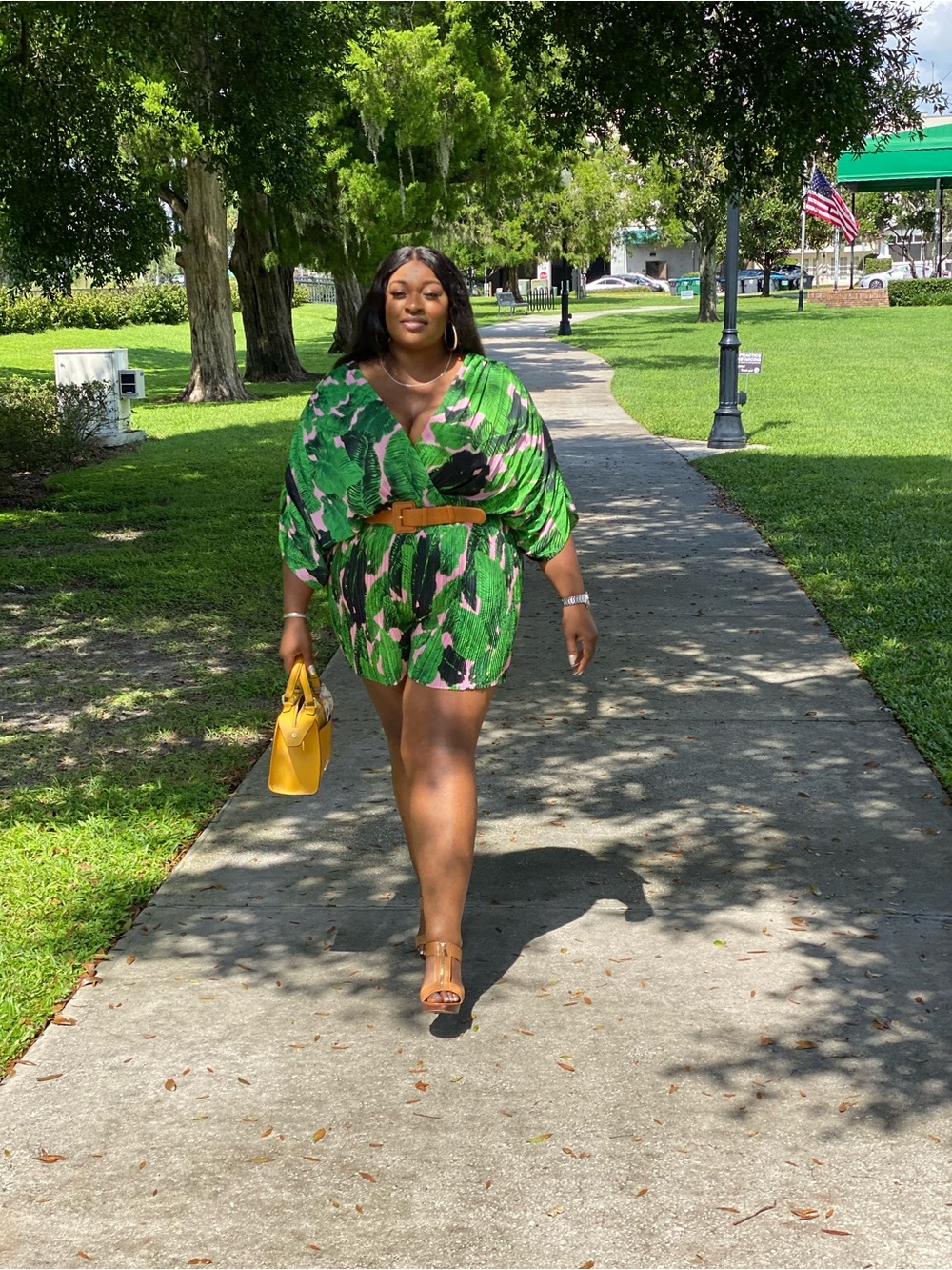 Plus-Size Green Tropical Print Swim Cover-Up Romper with Belt